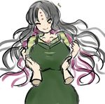  1girl black_hair blush breast_grab breasts cosplay disembodied_limb dress facial_mark fate/extra fate/extra_ccc fate_(series) forehead_mark fujimura_taiga fujimura_taiga_(cosplay) grabbing huge_breasts latenight long_hair multicolored_hair pov purple_hair sesshouin_kiara slender_waist solo_focus two-tone_hair wince yellow_eyes 