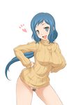  bad_id bad_pixiv_id blue_hair blush bottomless gundam gundam_build_fighters hands_on_hips heart iori_rinko long_hair looking_at_viewer onizuka_takuto open_mouth ponytail pubic_hair ribbed_sweater simple_background smile solo sweater turtleneck white_background 