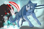  blue_eyes blue_fur canine claws detailed_background dog feral fur mammal metalfox monster open_mouth red_eyes weed_(character) white_fur 