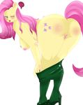  &lt;3 anthro anthrofied blush breasts butt cbatie11 cutie_mark equine female fluttershy_(mlp) friendship_is_magic fur hair long_hair mammal my_little_pony one_eye_closed pink_hair plain_background presenting presenting_hindquarters pussy pussy_juice solo tongue tongue_out undressing white_background yellow_fur 