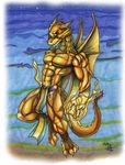  2004 5_toes abs anthro biceps big_muscles brown_skin claws dragon fangs gold_dragon golden_dragon green_eyes loincloth looking_at_viewer magic magic_user male muscles navel pecs pose reptile scales scalie solo teeth toe_claws toes toned topless western_dragon wings wolfgangcake 