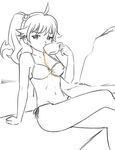  ahoge araragi_karen between_breasts bikini breasts crossed_legs cup greyscale hadoolket long_hair monochrome monogatari_(series) navel side-tie_bikini side_ponytail sitting small_breasts solo spilling swimsuit teacup 