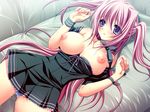  1girl blush breasts breasts_outside female game_cg hajimete_doushi kumatora_tatsumi lying nipples on_back pink_hair purple_eyes solo twintails 