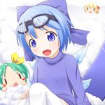  alternate_costume blonde_hair blue_eyes blue_hair blush_stickers bow cirno daiyousei fang goggles goggles_on_head green_hair hair_bow hair_ribbon highres ice ice_wings looking_at_viewer makuran multiple_girls naked_sweater open_mouth ribbon rumia side_ponytail smile snot snow snow_on_head snowboard sweater thighhighs touhou white_legwear wings zettai_ryouiki |_| 
