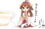  1girl admiral_(kantai_collection) ahoge bad_id bad_pixiv_id bare_shoulders brown_hair chibi comic cup detached_sleeves double_bun hair_ornament hairband headgear japanese_clothes kantai_collection kongou_(kantai_collection) long_hair nontraditional_miko ouhara_lolong size_difference tea teacup translated 