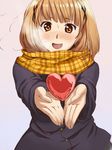  absurdres anon_tyty-yde bangs blush brown_eyes brown_hair coat heart highres koyama_mai looking_at_viewer original outstretched_arms plaid plaid_scarf scarf short_hair solo source_request third-party_source valentine 