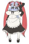  1girl :&lt; apron arm_behind_head blush breasts choker cleavage commentary_request dress eyebrows eyepatch frills hand_on_hip huge_breasts jon_henry_nam long_hair maid maid_apron maid_headdress mary_janes monster_girl multiple_arms multiple_heads original purple_skin red_hair sharp_teeth shoes side_ponytail solo teeth very_long_hair white_legwear wrist_cuffs 