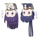  akatsuki_(log_horizon) bread chibi crossover denden detached_sleeves food food_in_mouth hand_seal log_horizon mouth_hold multiple_girls nattou ponytail purple_eyes purple_hair ribbon upside-down waitress working!! yamada_aoi 