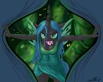  4th_wall animal_ears anthro arthropod black_fur black_skin blue_hair breasts changeling clothing equine fangs female fingers friendship_is_magic fur green_background green_eyes hair hands horn horse human humanized insect insect_wings looking_at_viewer mammal my_little_pony open_mouth plain_background pony queen_chrysalis_(mlp) teeth tongue tongue_out wings xanthor yellow_eyes 