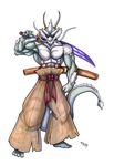  2011 4_toes abs anthro biceps chinese_dragon clothing dragon fur grey_fur kane_mei katana looking_at_viewer male muscles pants pecs pose samurai scalie solo standing sword toned topless torn_clothing unamused weapon whiskers wolfgangcake 