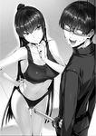  1girl aiichi_kazuya breasts chin_grab glasses greyscale hand_on_hip head_tilt highres hisasi katana large_breasts leaning_forward long_hair looking_at_another looking_away monochrome monogusa_neneko_no_taida_na_tanteichou official_art open_mouth ponytail smug sports_bra sweat sword thigh_gap very_long_hair weapon yomisaka_neneko 