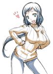 bad_id bad_pixiv_id blue_hair commentary_request denim gundam gundam_build_fighters hands_on_hips heart iori_rinko jeans long_hair looking_at_viewer onizuka_takuto open_mouth pants ponytail ribbed_sweater simple_background sketch smile solo sweater turtleneck white_background 