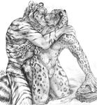  anthro blotch duo eyes_closed feline gay hand_on_chest hand_on_shoulder imminent_buttsex kissing kneeling leopard male mammal monochrome nude plain_background sheath snow_leopard spots stripes tiger whiskers white_background 