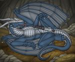  balls blue_eyes claws dragon gold horn lying on_back penis rumiir scalie sheath tongue tongue_out treasure wemd wings 