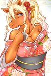  &#38463;&#21335;&#12422;&#12383;&#12363; ????? blonde_hair breasts clothed clothing equine eyebrows eyelashes female flower hair hooves horse japanese_clothing kimono long_hair looking_away mammal plain_background solo white_background 