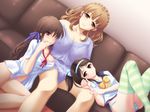  blush brown_eyes brown_hair kounose_akara original panties s_kanojo striped_panties thighhighs underwear 