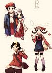  2girls alternate_costume backwards_hat coat gold_(pokemon) hat hikari_(pokemon) holding holding_poke_ball kotone_(pokemon) kouki_(pokemon) multiple_boys multiple_girls mushroom o3o poke_ball pokemon pokemon_(game) pokemon_dppt pokemon_hgss pokemon_platinum scarf sketch thighhighs v weee_(raemz) white_scarf winter_clothes 