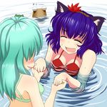  animal_ears bikini blood blue_hair blush breasts cat_ears commentary green_hair hair_ornament hairpin holding_hands ishikkoro kemonomimi_mode kochiya_sanae medium_breasts multiple_girls nosebleed pyonta small_breasts squinting swimsuit touhou water yasaka_kanako you_gonna_get_raped 