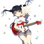  bad_id bad_pixiv_id black_hair brown_eyes electric_guitar foreshortening gem guitar instrument k-on! long_hair lying nakano_azusa outstretched_arm outstretched_hand pleated_skirt reaching shiranori shirt skirt solo tears twintails 