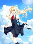  air ascot blonde_hair blue_eyes cloud cross day dress dress_lift kamio_misuzu long_hair ponytail ryou_(pixiv779953) school_uniform sky smile solo 