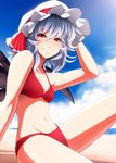  arm_support bad_id bad_pixiv_id beach bikini blue_hair breasts cloud day hand_on_headwear hat hips imizu_(nitro_unknown) lips navel older outdoors red_bikini red_eyes remilia_scarlet sitting sky slit_pupils small_breasts smile solo swimsuit teenage touhou wings 