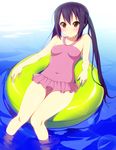  bare_shoulders black_hair blush breasts brown_eyes casual_one-piece_swimsuit covered_nipples innertube k-on! kyoku_tou long_hair nakano_azusa one-piece_swimsuit pink_swimsuit small_breasts smile solo swimsuit twintails water 