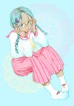  bad_id bad_pixiv_id blue_hair braid dark_skin glasses inazuma_eleven inazuma_eleven_(series) looking_up pout school_uniform shoes socks solo tmhm urabe_rika 