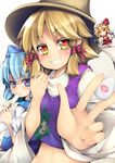  blonde_hair blue_eyes blue_hair blush bow chibi cirno egg flandre_scarlet food glowing grin hair_ribbon hat heart highres midriff moriya_suwako multiple_girls popsicle ribbon serizawa_mutsuki short_hair skull smile snowflakes symbol-shaped_pupils tenga tenga_egg touhou tsurime 