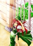  braid chaigidhiell china_dress chinese_clothes dress gate hat highres hong_meiling long_hair purple_eyes red_hair salute side_braid side_slit star touhou twin_braids 