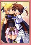  absurdres bardiche belt blonde_hair brown_hair cape fate_testarossa gloves highres hug long_hair lyrical_nanoha mahou_shoujo_lyrical_nanoha multiple_girls narutaki_shin open_mouth takamachi_nanoha thighhighs twintails yuri 