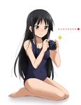  :/ akiyama_mio bare_shoulders barefoot black_eyes black_hair breasts camera covered_navel directional_arrow frown k-on! kaiga long_hair long_legs medium_breasts navel one-piece_swimsuit school_swimsuit seiza sitting solo swimsuit 