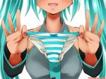  aqua_hair bow bow_panties close-up detached_sleeves dr_rex hatsune_miku holding holding_panties long_hair necktie panties smile solo striped striped_panties twintails underwear vocaloid 