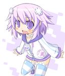  blush choker collar hair_ornament hood hoodie nekoyama neptune_(choujigen_game_neptune) neptune_(series) open_mouth purple_eyes purple_hair short_hair solo striped striped_legwear sweater thighhighs usb zipper 