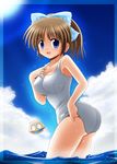  blue_eyes bow brown_hair cloud day hair_bow minami_shinju one-piece_swimsuit original school_swimsuit shell short_hair solo swimsuit wading water wet white_school_swimsuit white_swimsuit 