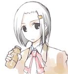  black_eyes blazer bob_cut bow coffee drink expressionless hair_ornament hairclip hata_ranko head_tilt jacket nenchi school_uniform seitokai_yakuindomo short_hair silver_hair solo 