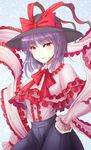  capelet frills hand_on_hip hat hat_ribbon highres jpeg_artifacts mimika_(puetilun) nagae_iku purple_hair red_eyes ribbon scarf shawl short_hair smile solo touhou 