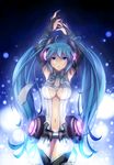  aqua_eyes aqua_hair arms_up belt breasts bridal_gauntlets center_opening cleavage elbow_gloves fingerless_gloves gloves hatsune_miku hatsune_miku_(append) large_breasts long_hair navel necktie saku_(ilovechocolate) solo thigh_gap thighhighs twintails very_long_hair vocaloid vocaloid_append zettai_ryouiki 