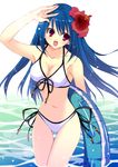  bad_id bad_pixiv_id bikini flower hibiscus highres innertube kobayashi_chisato long_hair original red_eyes salute solo swimsuit wading water 