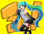  aqua_eyes aqua_hair blush detached_sleeves happy_birthday hatsune_miku headphones headset long_hair mochizuki_mina necktie open_mouth skirt smile solo thighhighs twintails very_long_hair vocaloid zettai_ryouiki 