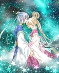  1girl bad_id bad_pixiv_id black_hair blonde_hair chinese_clothes couple hair_rings hanfu hetero hikoboshi holding_hands mamiya_(cool-ribon) original orihime star tanabata 