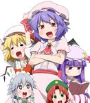  5girls arms_up bat_wings black_eyes blonde_hair blue_eyes blush book braid crescent crossed_arms dress fang flandre_scarlet green_eyes hair_ribbon hat hong_meiling izayoi_sakuya long_hair maid maid_headdress mitsudomoe multiple_girls open_mouth parody patchouli_knowledge purple_eyes purple_hair red_eyes red_hair remilia_scarlet ribbon short_hair silver_hair simple_background skirt smile solid_circle_eyes style_parody touhou twin_braids white_background wings youkan younger 