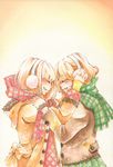  blonde_hair coat earmuffs iinuma_chika multiple_girls original plaid plaid_scarf plaid_skirt scarf skirt traditional_media watercolor_(medium) 