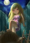  1girl araragi_koyomi bakemonogatari barefoot blonde_hair blush digininja dress feet highres long_hair monogatari_(series) moon oshino_shinobu red_eyes 