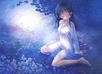  absurdres barefoot closed_eyes flower fortune_arterial highres iuro kuze_kiriha long_hair long_sleeves moon_reflection petals ripples sitting solo submerged wariza water 