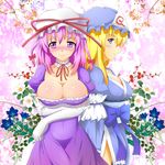  blonde_hair breast_hold breasts cleavage cosplay costume_switch crossed_arms elbow_gloves gloves large_breasts multiple_girls pink_hair purple_eyes rinku saigyouji_yuyuko saigyouji_yuyuko_(cosplay) touhou white_gloves yakumo_yukari yakumo_yukari_(cosplay) 