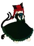  animal_ears bad_id bad_pixiv_id black_nails braid cat_ears cat_tail dress eyelashes frills full_body gira highres holding kaenbyou_rin kneeling multiple_tails nail_polish red_hair skull solo tail touhou transparent_background twin_braids 
