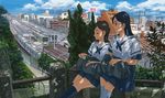  bad_id bad_pixiv_id bag black_hair brown_hair cityscape ground_vehicle hair_ornament hairpin kneehighs mao_(matz8) multiple_girls original railroad_tracks real_world_location school_bag school_uniform sitting socks tokyo_(city) train train_station 