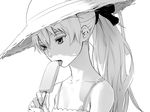  breasts darker_than_black face food greyscale hair_ribbon hat kawakami_rokkaku licking long_hair monochrome ponytail popsicle ribbon shade simple_background small_breasts solo straw_hat sun_hat tongue upper_body white_background yin 