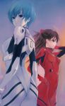  arm_up ass ayanami_rei blue_eyes blue_hair bodysuit brown_hair face from_behind hand_on_hip kawakami_rokkaku looking_back multiple_girls neon_genesis_evangelion plugsuit profile red_eyes shikinami_asuka_langley short_hair souryuu_asuka_langley white_bodysuit 