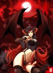  black_eyes blood corset crown_of_thorns cuts demon_girl detached_sleeves finger_to_mouth full_moon head_wings highres horns injury lace lingerie long_hair midriff mole mole_under_eye moon navel original panties red_hair red_sky scar sky solo stitches succubus thighhighs ukero underwear very_long_hair wings 